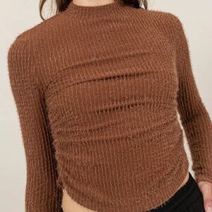 Women's Brown Textured Mock Neck Blouse Shirt